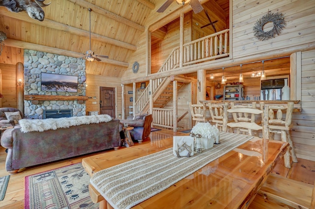 1481 Eaton Rd, Conway, NH 03813 - dining space with a ceiling fan, high vaulted ceiling, wood ceiling, wood-type flooring, and beam ceiling