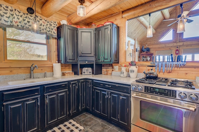 1481 Eaton Rd, Conway, NH 03813 - kitchen featuring stainless steel range with gas cooktop, a sink, wood ceiling, beam ceiling, and ceiling fan