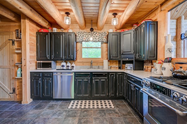 1481 Eaton Rd, Conway, NH 03813 - kitchen featuring stainless steel appliances, wooden ceiling, wooden walls, light countertops, and beamed ceiling