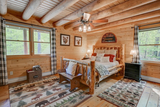 1481 Eaton Rd, Conway, NH 03813 - bedroom featuring wooden ceiling, hardwood / wood-style floors, beam ceiling, wood walls, and ceiling fan
