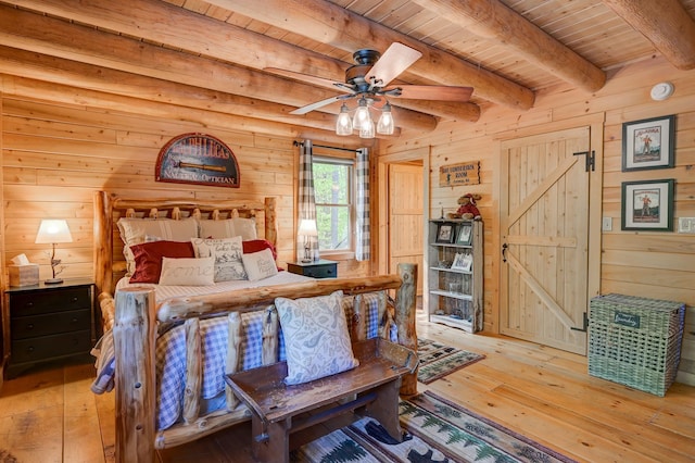1481 Eaton Rd, Conway, NH 03813 - bedroom featuring wood ceiling, wood walls, light wood-style floors, and beamed ceiling