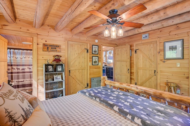 1481 Eaton Rd, Conway, NH 03813 - bedroom featuring wood ceiling, wood walls, and beam ceiling
