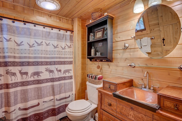 1481 Eaton Rd, Conway, NH 03813 - bathroom with wood ceiling, wooden walls, toilet, vanity, and a shower with shower curtain