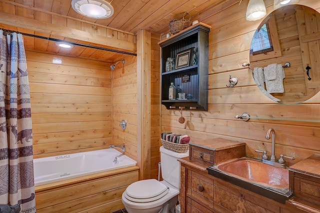 1481 Eaton Rd, Conway, NH 03813 - full bathroom featuring wood ceiling, wooden walls, shower / bath combo with shower curtain, toilet, and vanity