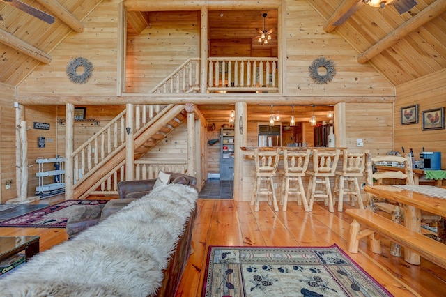 1481 Eaton Rd, Conway, NH 03813 - living area with high vaulted ceiling, wooden ceiling, beamed ceiling, hardwood / wood-style flooring, and ceiling fan