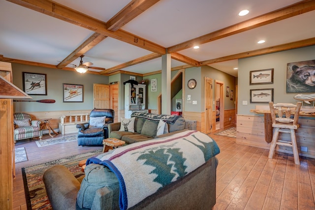 1481 Eaton Rd, Conway, NH 03813 - living area featuring beamed ceiling, recessed lighting, a wainscoted wall, light wood-style flooring, and a ceiling fan
