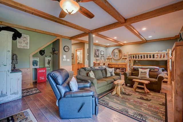 1481 Eaton Rd, Conway, NH 03813 - living room featuring beam ceiling, ceiling fan, a wainscoted wall, hardwood / wood-style flooring, and recessed lighting