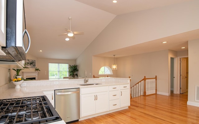 41 Winchester Dr, Hampstead, NH 03826 - kitchen with a sink, stainless steel appliances, a fireplace, light wood-style flooring, and recessed lighting