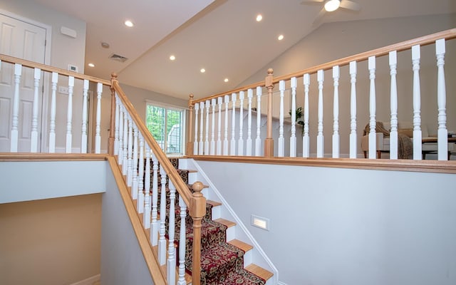 41 Winchester Dr, Hampstead, NH 03826 - stairway featuring recessed lighting, a ceiling fan, baseboards, and high vaulted ceiling