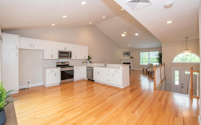41 Winchester Dr, Hampstead, NH 03826 - kitchen with stainless steel appliances, a sink, a peninsula, a fireplace, and light wood finished floors