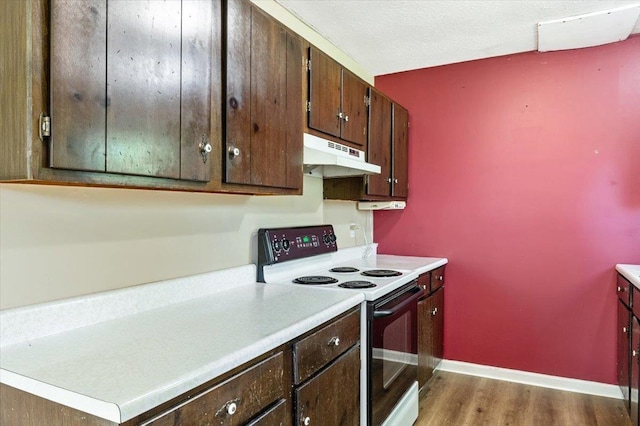 2099 W Shore Rd, Alburgh, VT 05440 - kitchen with electric range oven, under cabinet range hood, wood finished floors, light countertops, and dark brown cabinetry