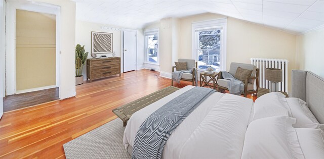 47 Pitkin St, Burlington, VT 05401 - bedroom with radiator, light wood finished floors, baseboards, and vaulted ceiling