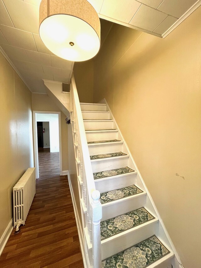 47 Pitkin St, Burlington, VT 05401 - stairway with radiator, wood finished floors, ornamental molding, and baseboards