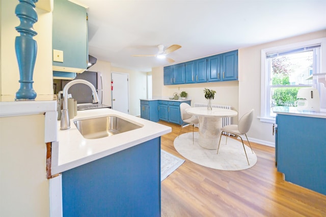 47 Pitkin St, Burlington, VT 05401 - kitchen featuring blue cabinets, a sink, ceiling fan, and light wood-style floors
