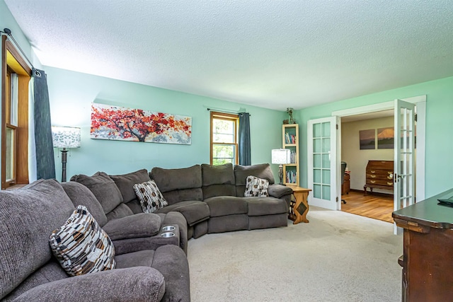 living room featuring carpet floors, french doors, and a textured ceiling