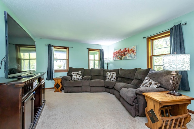 living area featuring carpet flooring and baseboards
