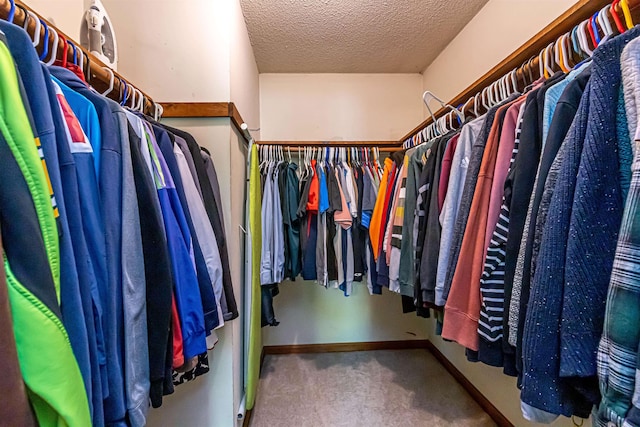 walk in closet featuring carpet flooring