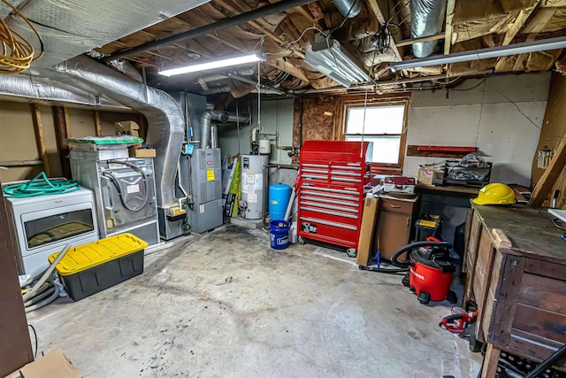 basement featuring gas water heater, heating unit, and a water pressure tank