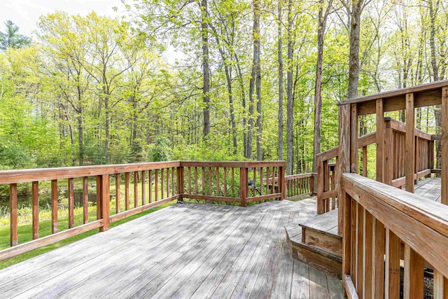 wooden deck with a wooded view