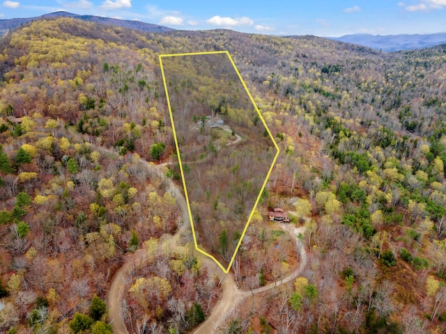 28 Lindsley Cir, Campton, NH 03223 - aerial view of property and surrounding area featuring a mountain backdrop, property boundaries highlighted, and a forest