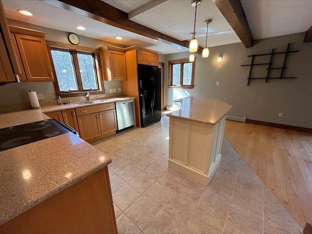 80 Mill St, Conway, NH 03813 - kitchen featuring black fridge with ice dispenser, stainless steel dishwasher, beam ceiling, baseboard heating, and light stone countertops