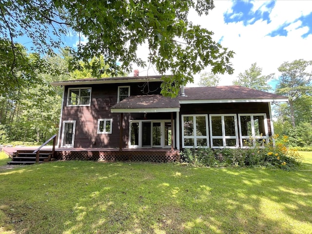 80 Mill St, Conway, NH 03813 - rear view of property featuring a yard, a wooden deck, and roof with shingles