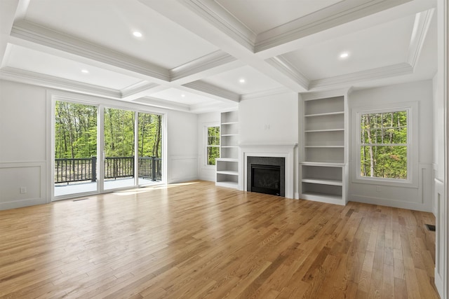 286 S Rd, Brentwood, NH 03833 - unfurnished living room featuring a decorative wall, wood-type flooring, beam ceiling, a fireplace, and coffered ceiling