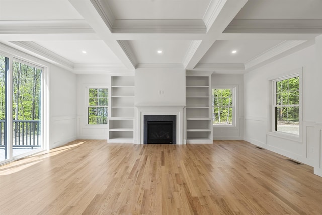 286 S Rd, Brentwood, NH 03833 - unfurnished living room featuring light wood-type flooring, coffered ceiling, a fireplace, crown molding, and beam ceiling