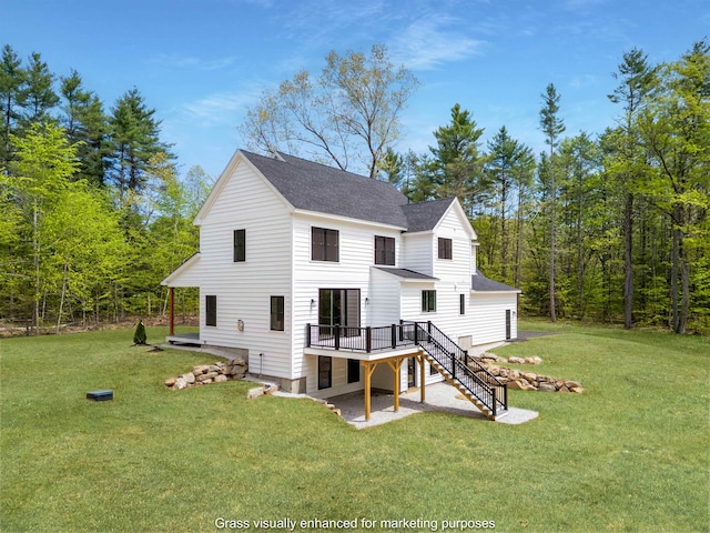 286 S Rd, Brentwood, NH 03833 - rear view of house featuring a wooden deck, stairs, a yard, and a shingled roof
