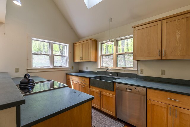 258 Densmore Hill Rd, Hartland, VT 05048 - kitchen featuring stainless steel dishwasher, a sink, dark countertops, a skylight, and decorative light fixtures