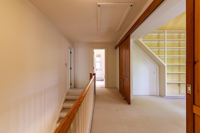 258 Densmore Hill Rd, Hartland, VT 05048 - hallway featuring attic access and light carpet