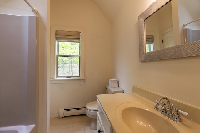 258 Densmore Hill Rd, Hartland, VT 05048 - bathroom with a baseboard radiator, toilet, a shower, vanity, and vaulted ceiling