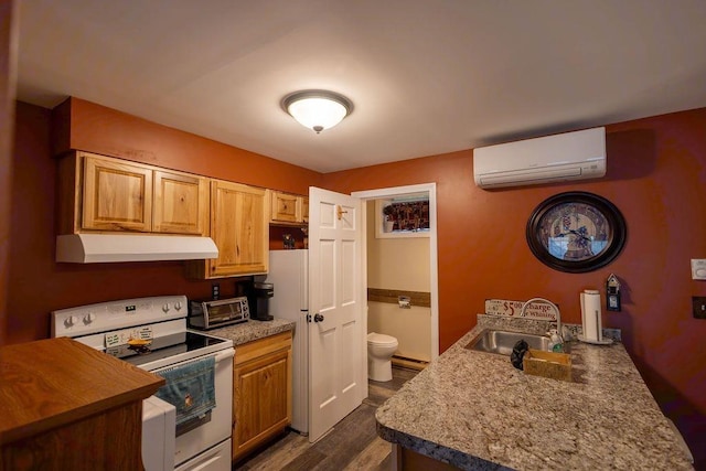 125 Washington Rd Unit 59, Freedom, NH 03836 - kitchen with white electric range, a wall mounted air conditioner, under cabinet range hood, dark wood finished floors, and a sink