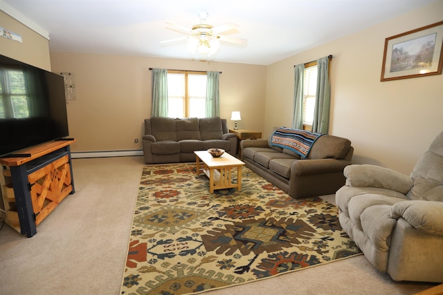 412 Covered Bridge Rd, Irasburg, VT 05845 - living room featuring a baseboard heating unit, carpet floors, and a ceiling fan