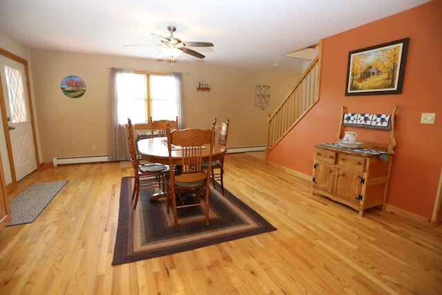 412 Covered Bridge Rd, Irasburg, VT 05845 - dining room with a baseboard radiator, stairway, a baseboard heating unit, ceiling fan, and light wood finished floors