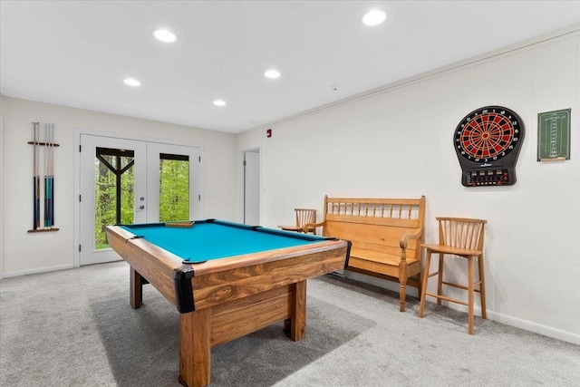 6 Roundtree Rd, Winhall, VT 05340 - playroom featuring recessed lighting, pool table, carpet flooring, baseboards, and french doors