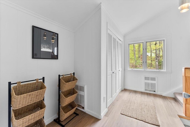 6 Roundtree Rd, Winhall, VT 05340 - living area with wood finished floors, lofted ceiling, crown molding, a decorative wall, and radiator heating unit