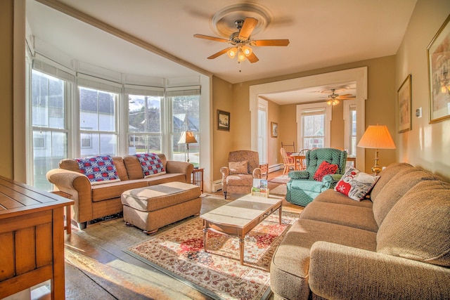 56 Andover St, Ludlow, VT 05149 - living area with ceiling fan, wood-type flooring, and baseboard heating