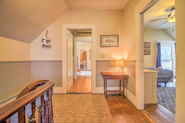 56 Andover St, Ludlow, VT 05149 - corridor with vaulted ceiling, wood finished floors, and wainscoting