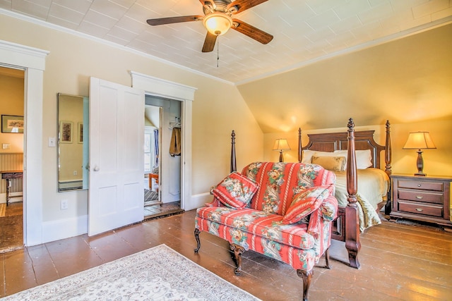 56 Andover St, Ludlow, VT 05149 - bedroom with ornamental molding, baseboards, hardwood / wood-style flooring, ceiling fan, and vaulted ceiling