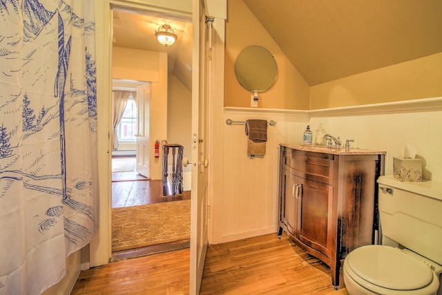 56 Andover St, Ludlow, VT 05149 - full bath featuring lofted ceiling, wood finished floors, toilet, and vanity