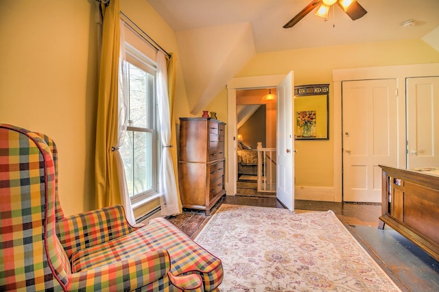 56 Andover St, Ludlow, VT 05149 - living area with ceiling fan, baseboards, and lofted ceiling