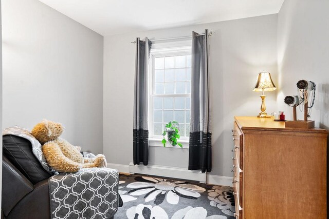 living area featuring baseboards, healthy amount of natural light, and wood finished floors