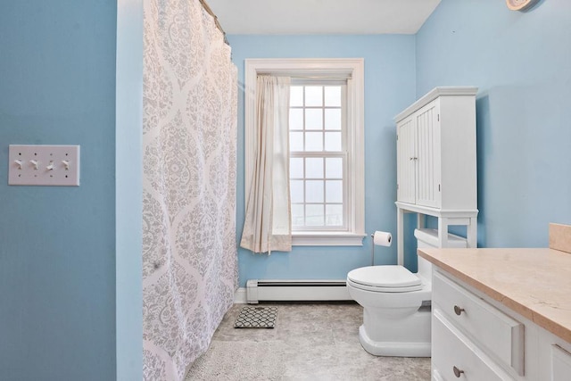 full bathroom featuring a baseboard radiator, plenty of natural light, toilet, and baseboards