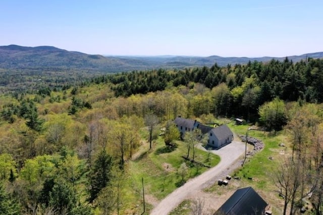 view of property location featuring a heavily wooded area and mountains