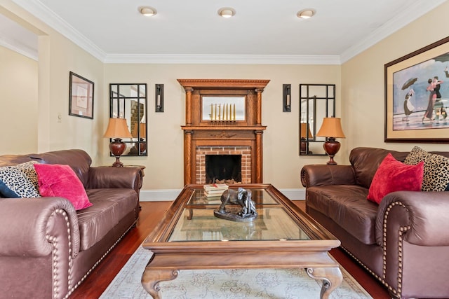 25 Golden Gate Dr, Hooksett, NH 03106 - living room with wood finished floors, ornamental molding, a brick fireplace, and baseboards