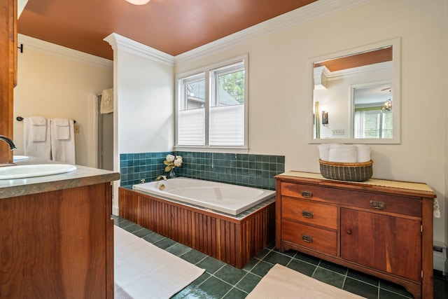 25 Golden Gate Dr, Hooksett, NH 03106 - bathroom with ornamental molding, vanity, tile patterned flooring, and a bath
