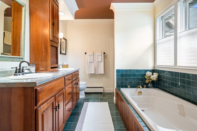 25 Golden Gate Dr, Hooksett, NH 03106 - bathroom with crown molding, a baseboard radiator, toilet, a bath, and double vanity