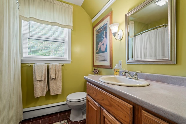 25 Golden Gate Dr, Hooksett, NH 03106 - bathroom featuring a baseboard heating unit, vanity, tile patterned flooring, and toilet