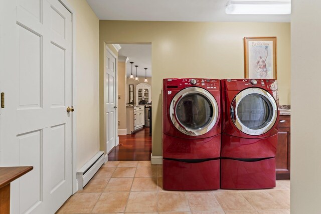25 Golden Gate Dr, Hooksett, NH 03106 - laundry room with a baseboard heating unit, washing machine and clothes dryer, and light tile patterned floors